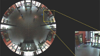 Screenshot of AXIS P5544 user interface in Overview mode with digital magnifier. The indoor area covered by this panoramic view is about 650 m² (7000 sq. ft.).