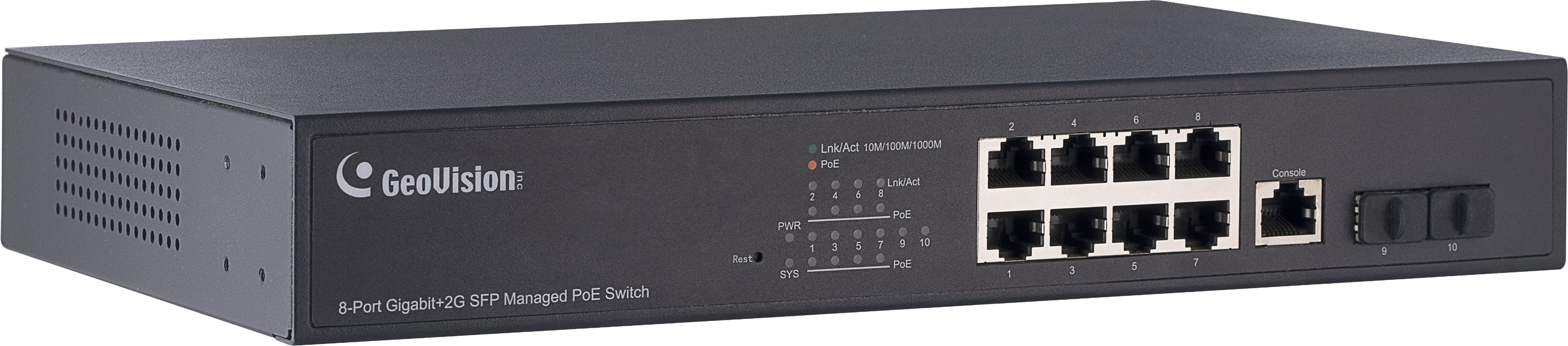 Geovision GV-APOE0811-V2 (140-APOE081-401U) 8-port 10/100/1000M PoE + 2 Gigabit uplink port managed PoE Switch, US