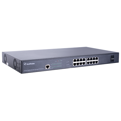 Geovision GV-APOE1611 Long Distance 16-port 10/100/1000 Mbps Web Managed Base T(x)PoE+Web Smart PoE Switch 2 SFP uplink port.