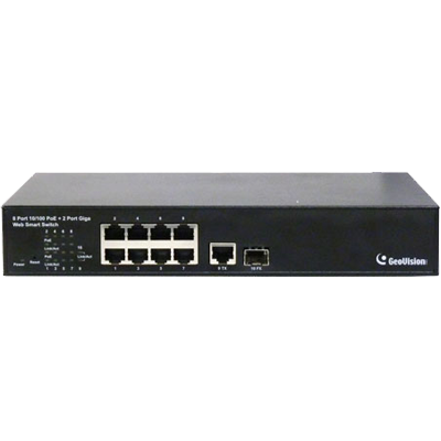 Geovision GV-POE0801 8-port 10/100 Mbps Web Managed Base T(x)PoE+Web Smart PoE Switch 2 uplink ports.