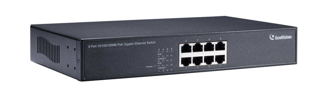 Geovision GV-POE0810 8-port 10/100/1000 Mbps unmanaged Base T(X)PoE Switch with 8 PSE/POE ports. (140-POE0810-G08)