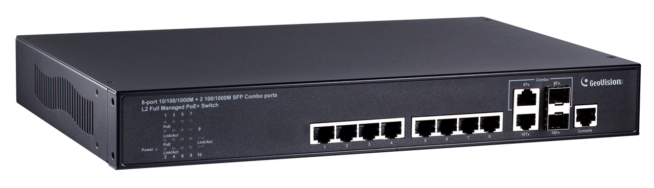 Geovision GV-POE0812 8-port 10/100/1000 Mbps Web Managed Base T(x) PoE +Web Smart PoE Switch 2 SFP uplink port.