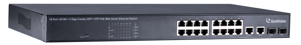 Geovision GV-POE1601-V2 16-port 10/100 Mbps Web Managed Base T(x)PoE+Web Smart PoE Switch 2 SFP uplink port.