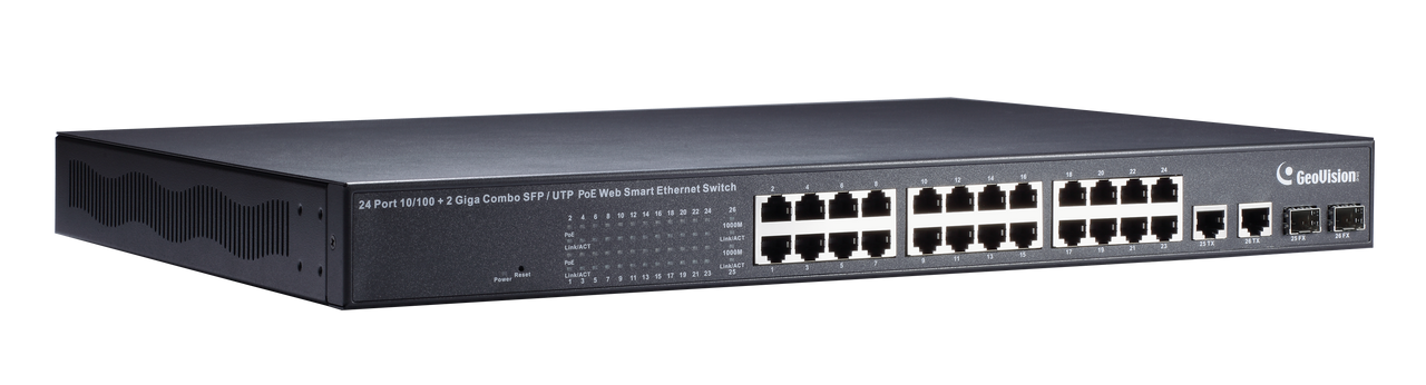 Geovision GV-POE2401-V2 24-port 10/100 Mbps Web Managed Base T(x)PoE+Web Smart PoE Switch 2 SFP uplink port.