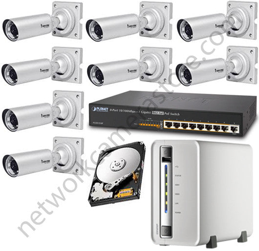 Everything that comes in the IP8332-C Bundle: 8 Vivotek IP8332-Cs, the QNAP VS-2108L NVR with 2TB hard drive preinstalled, and the Planet FGSD-910P