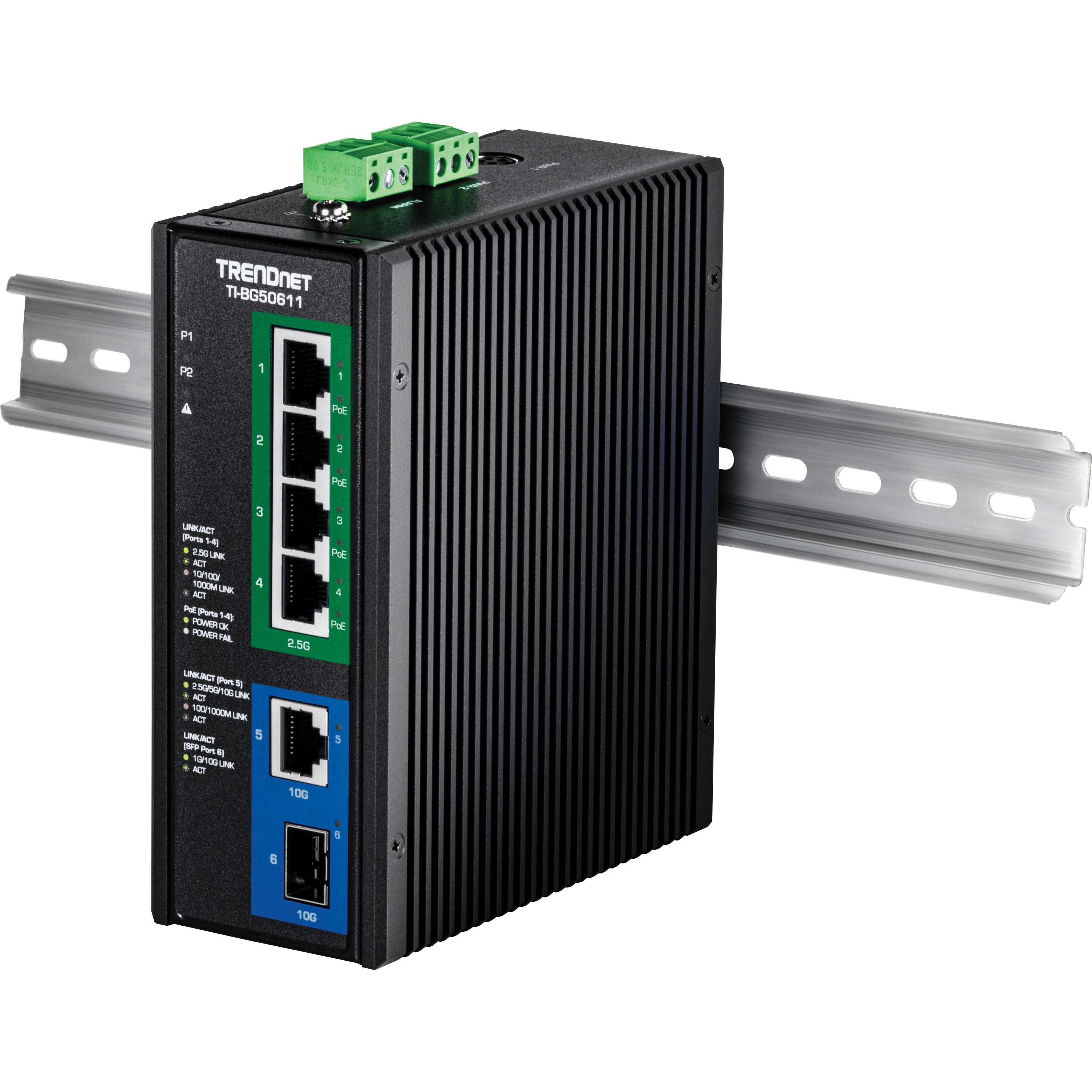 TRENDnet TI-BG50611 6-Port Industrial 2.5G PoE++ DIN-Rail Switch with 10G Ports