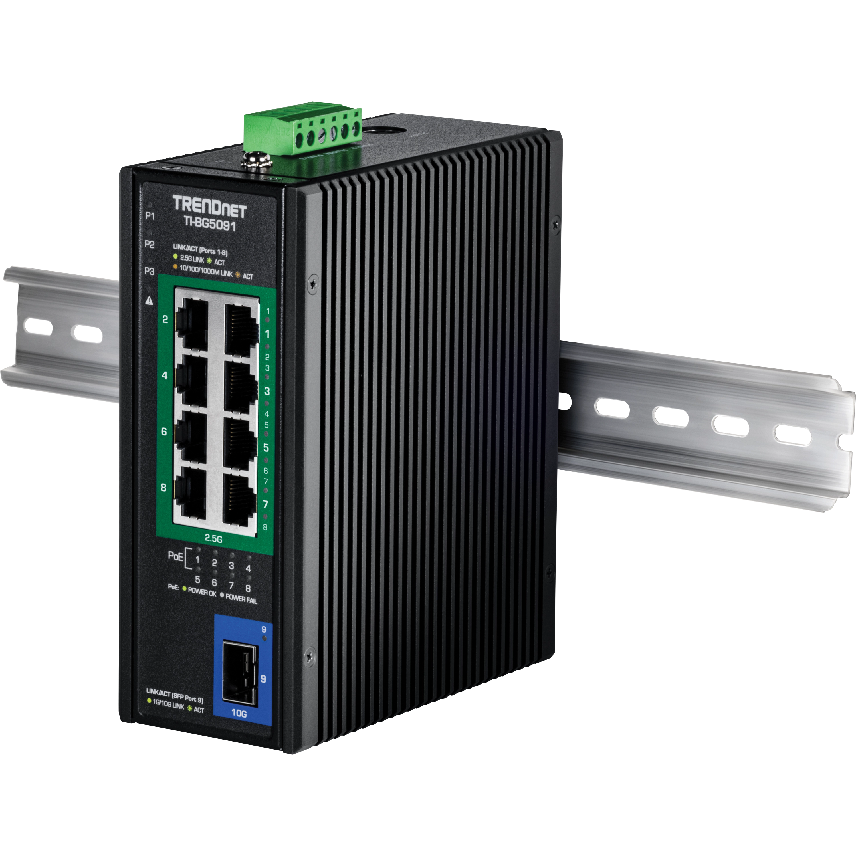 TRENDnet TI-BG5091 9-Port Industrial 2.5G DIN-Rail PoE++ Switch with 10G SFP+ Port