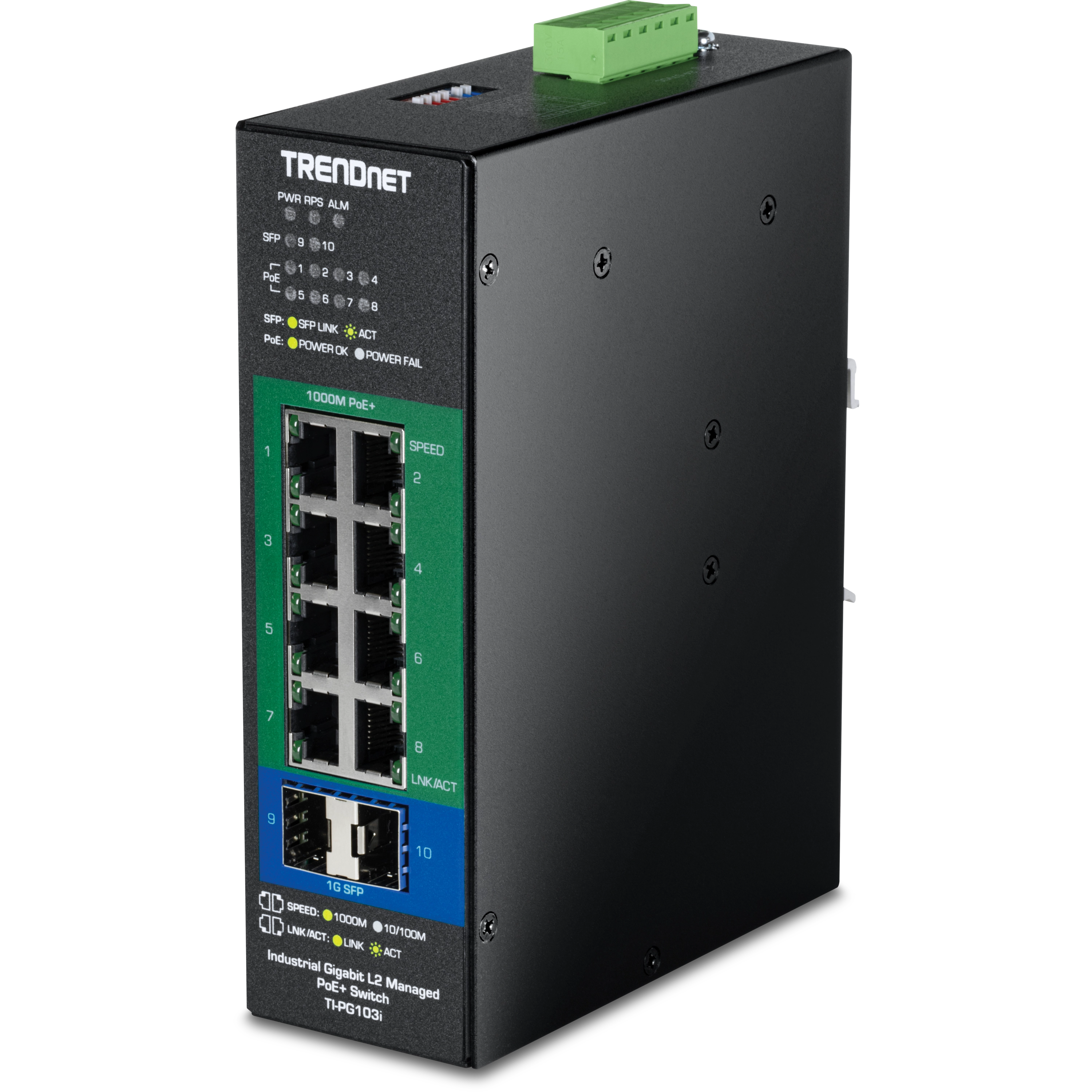 TrendNet TI-PG103i 10-Port Industrial Gigabit L2 Managed PoE+ DIN-Rail Switch 24 - 57V