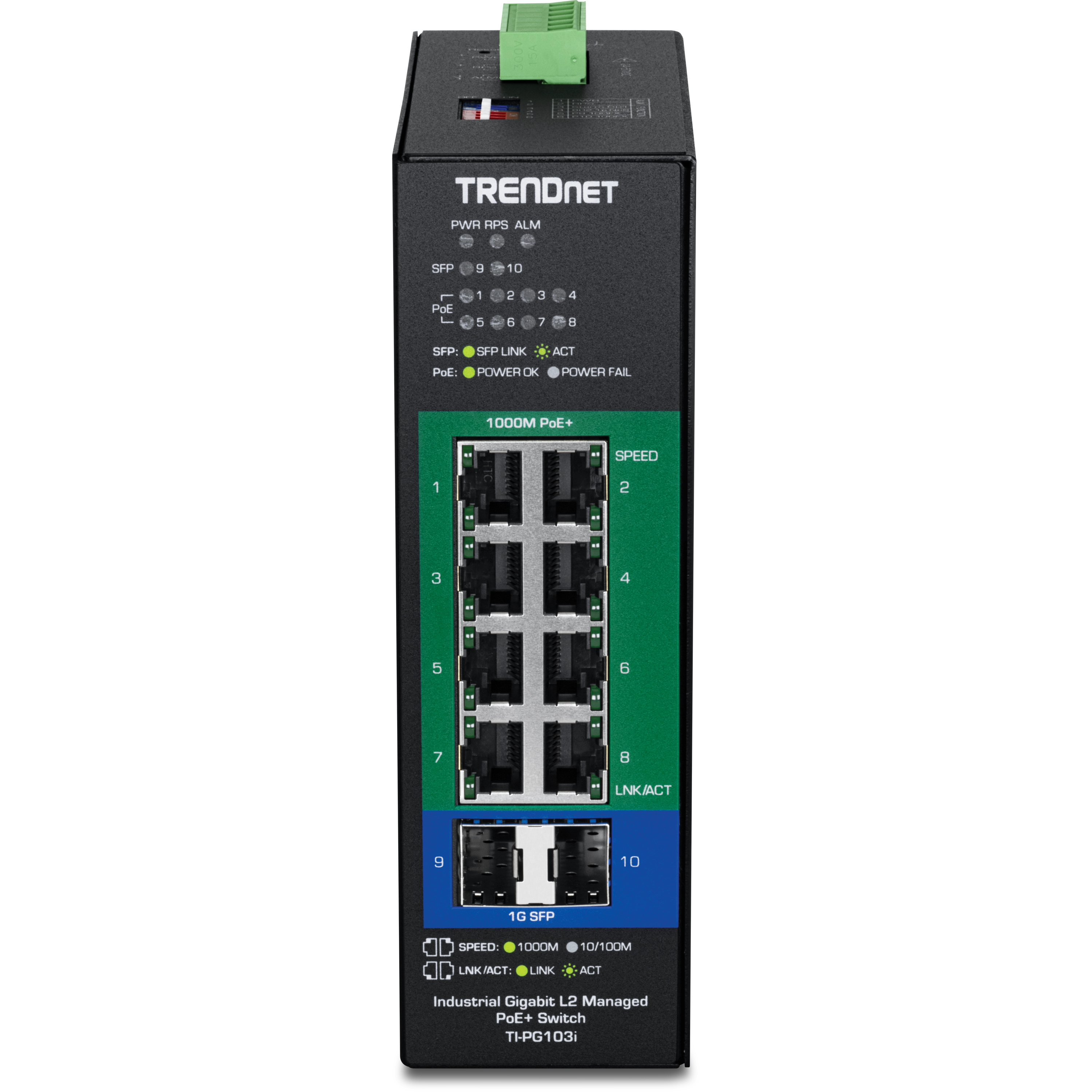 TrendNet TI-PG103i 10-Port Industrial Gigabit L2 Managed PoE+ DIN-Rail Switch 24 - 57V