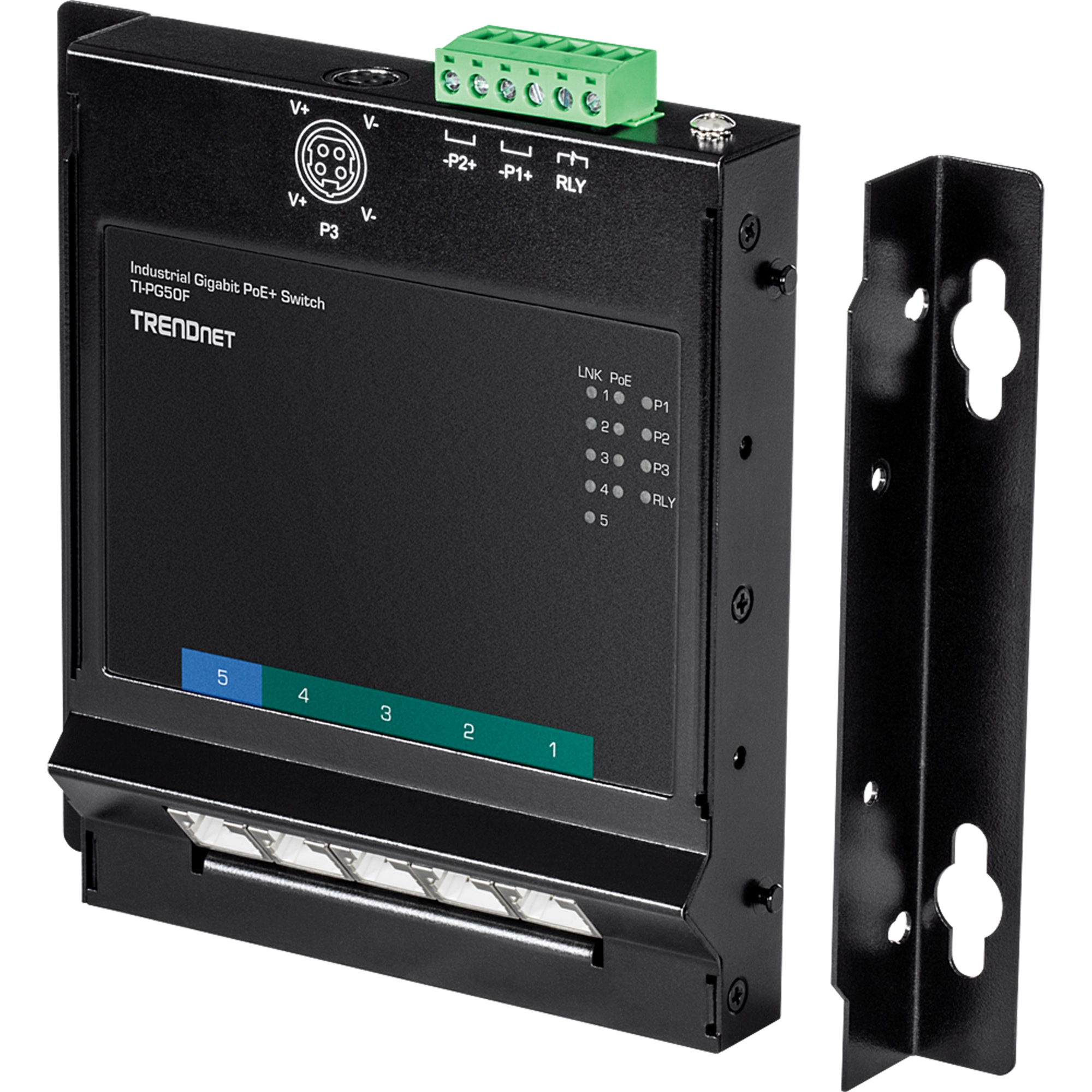 TRENDnet TI-PG50F 5-Port Industrial Gigabit PoE+ Wall-Mounted Front Access Switch