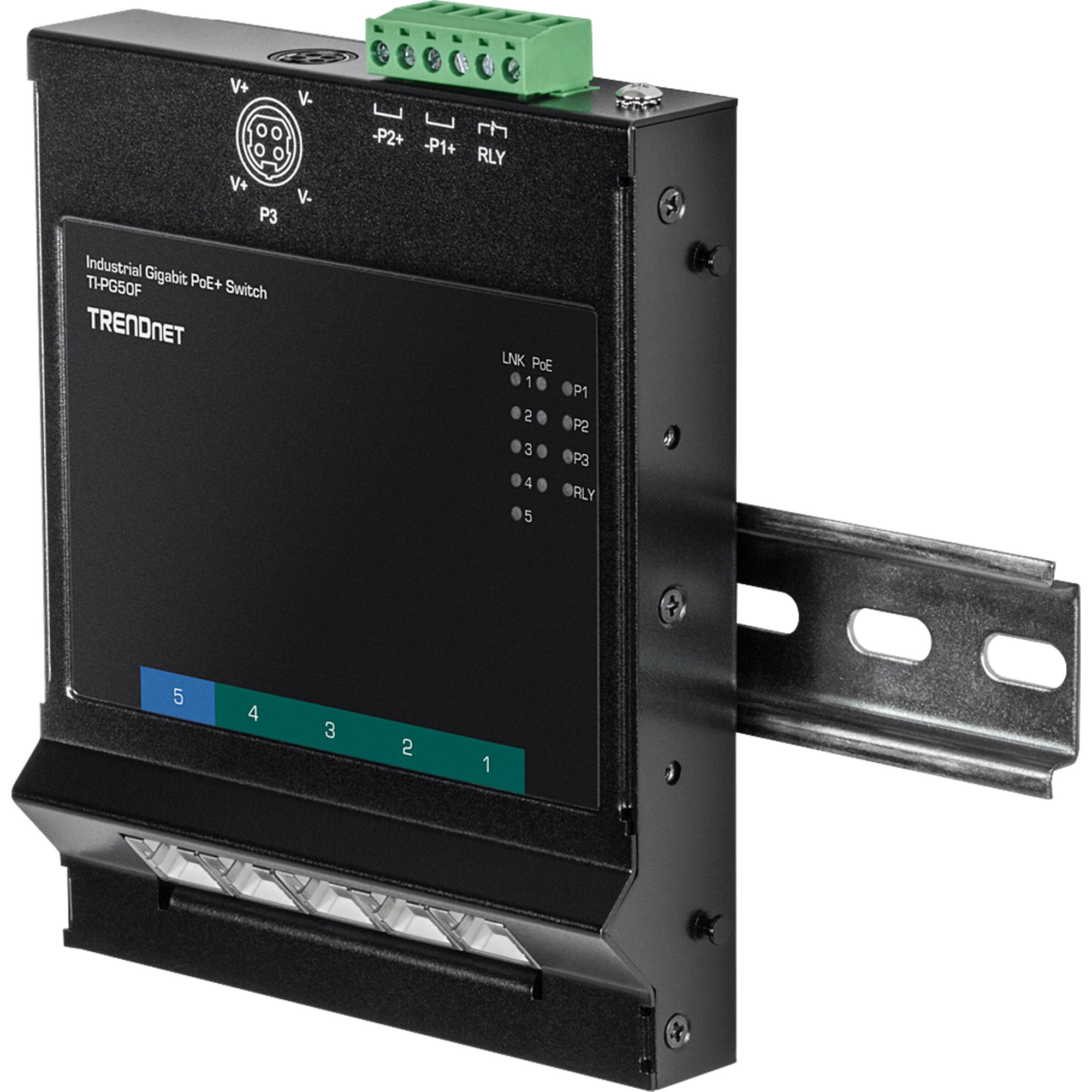 TRENDnet TI-PG50F 5-Port Industrial Gigabit PoE+ Wall-Mounted Front Access Switch