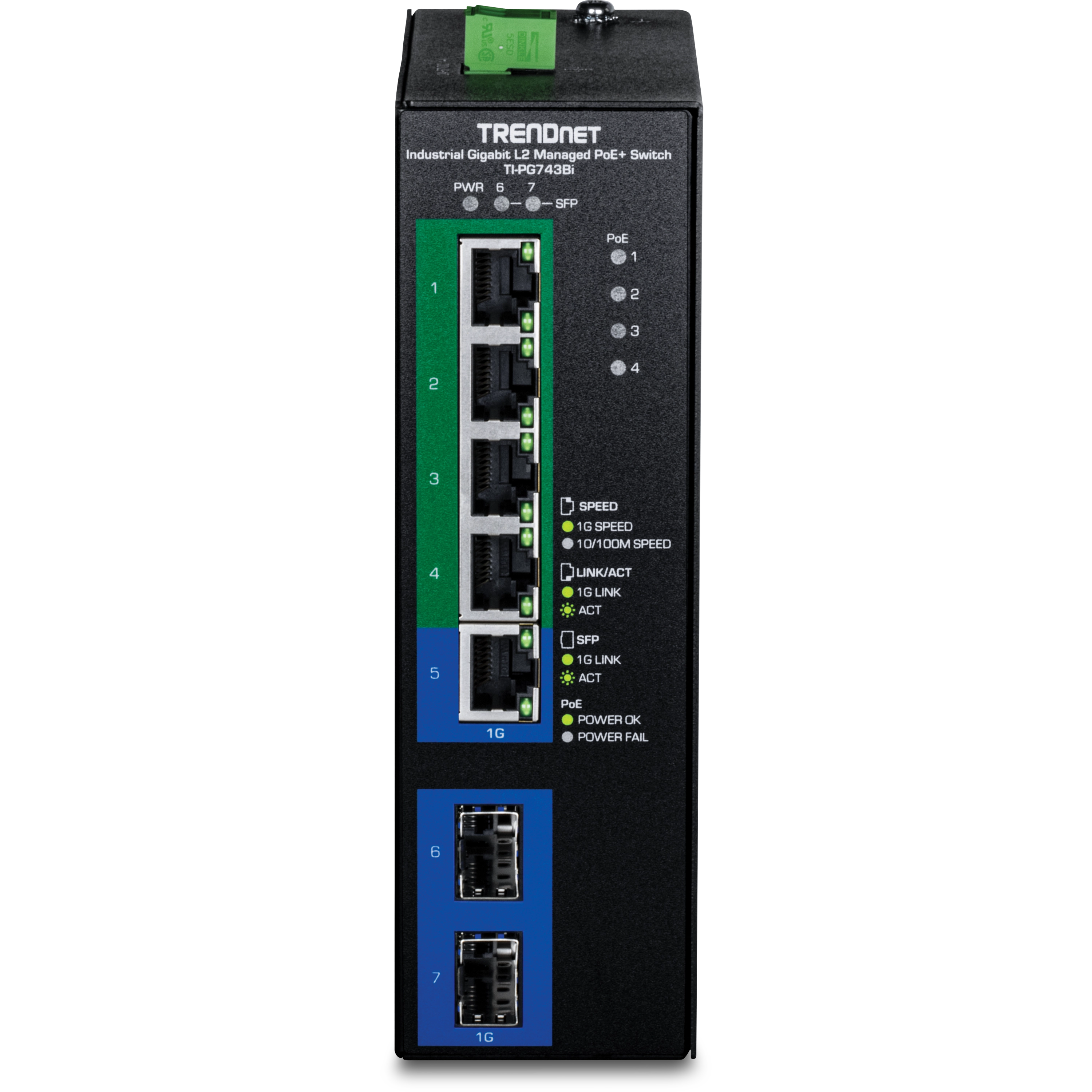 TRENDnet TI-PG743Bi 7-Port Industrial Gigabit L2 Managed PoE+ DIN-Rail Switch 24-57V