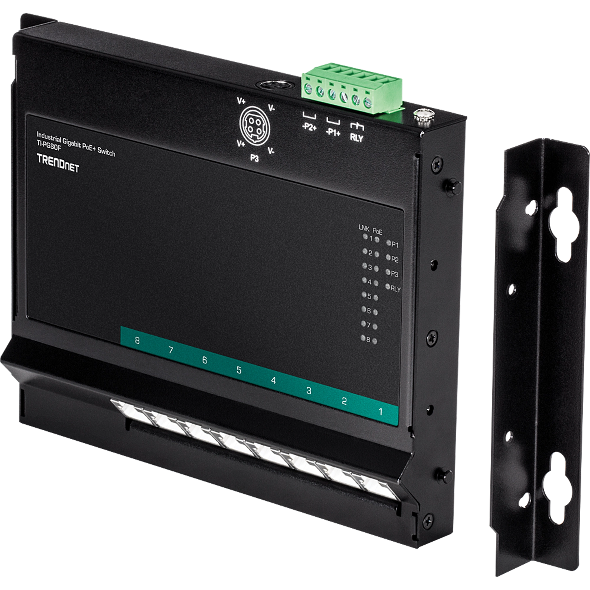 TRENDnet TI-PG80F 8-Port Industrial Gigabit PoE+ Wall-Mount Front Access Switch