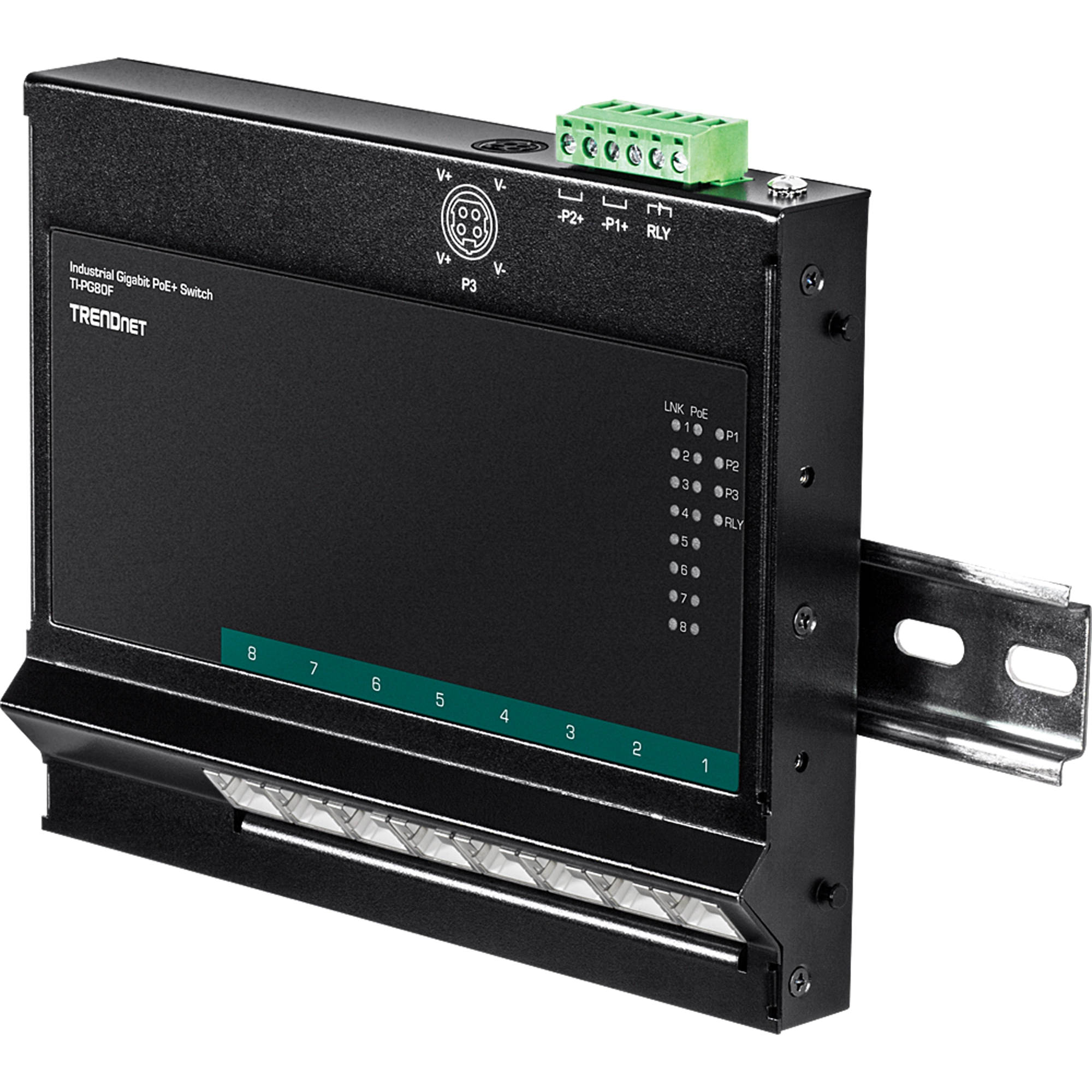 TRENDnet TI-PG80F 8-Port Industrial Gigabit PoE+ Wall-Mount Front Access Switch