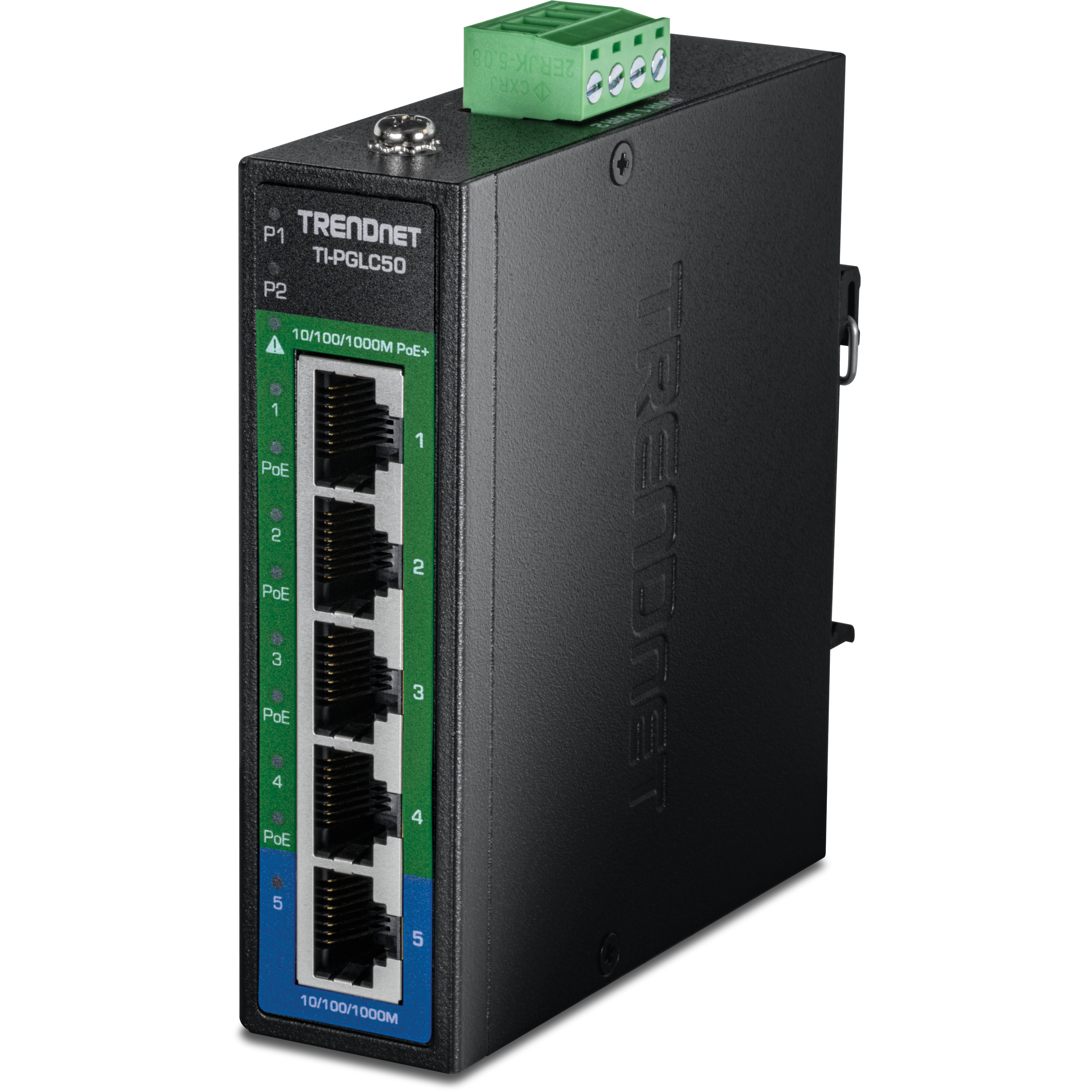 TrendNet TI-PGLC50 5-Port Industrial Gigabit PoE+ DIN-Rail Mini Switch
