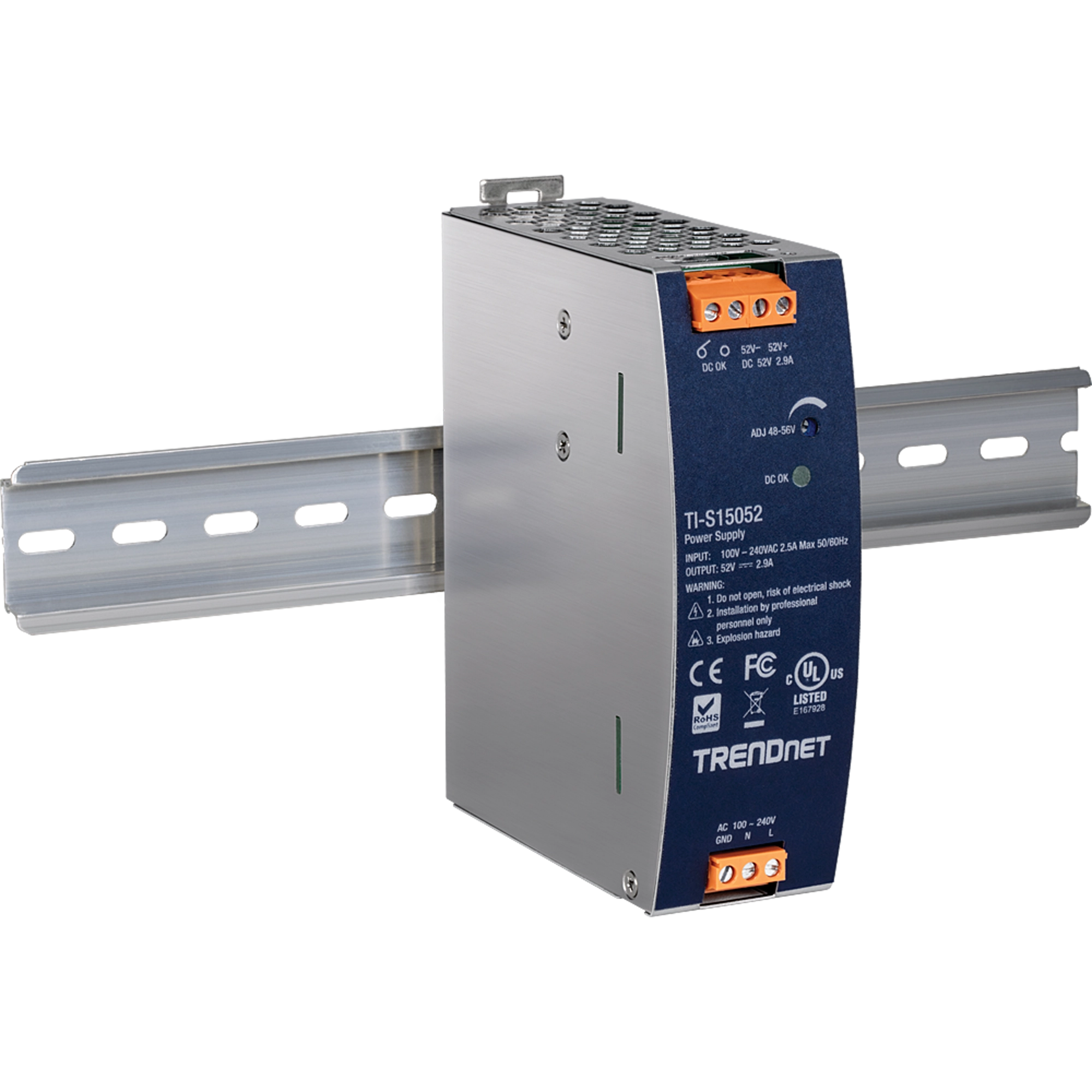 TRENDnet TI-S15052 150W, 52V DC, 2.89A AC to DC DIN-Rail Power Supply with PFC Function