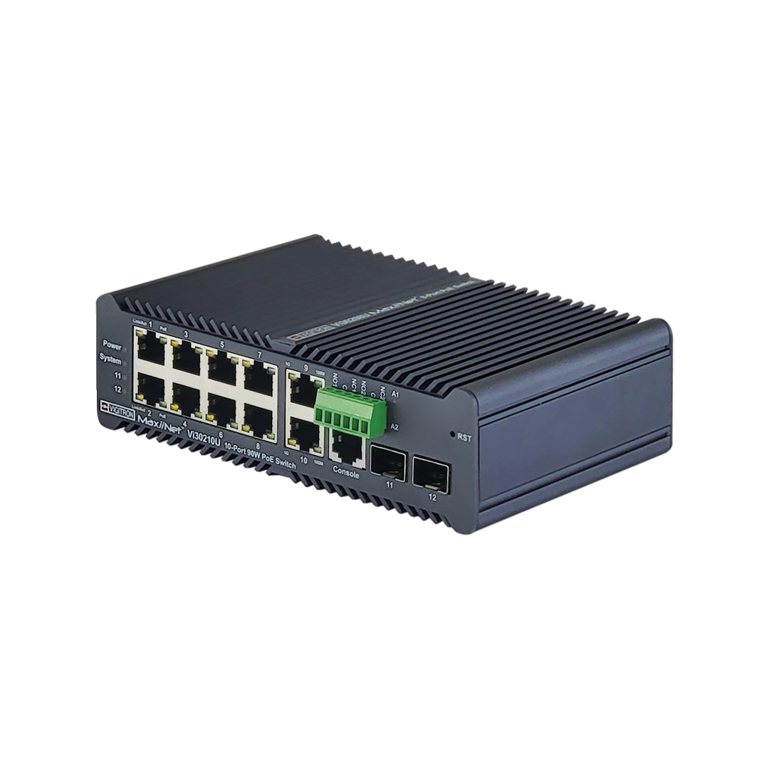 Vigitron Vi30210U 8+2 Port MaxiiNet™ 1G, L2 Hardened Industrial at/af/bt 90W Ring PoE Switch=TimeZone sync, Autochecking 10 ports PoE