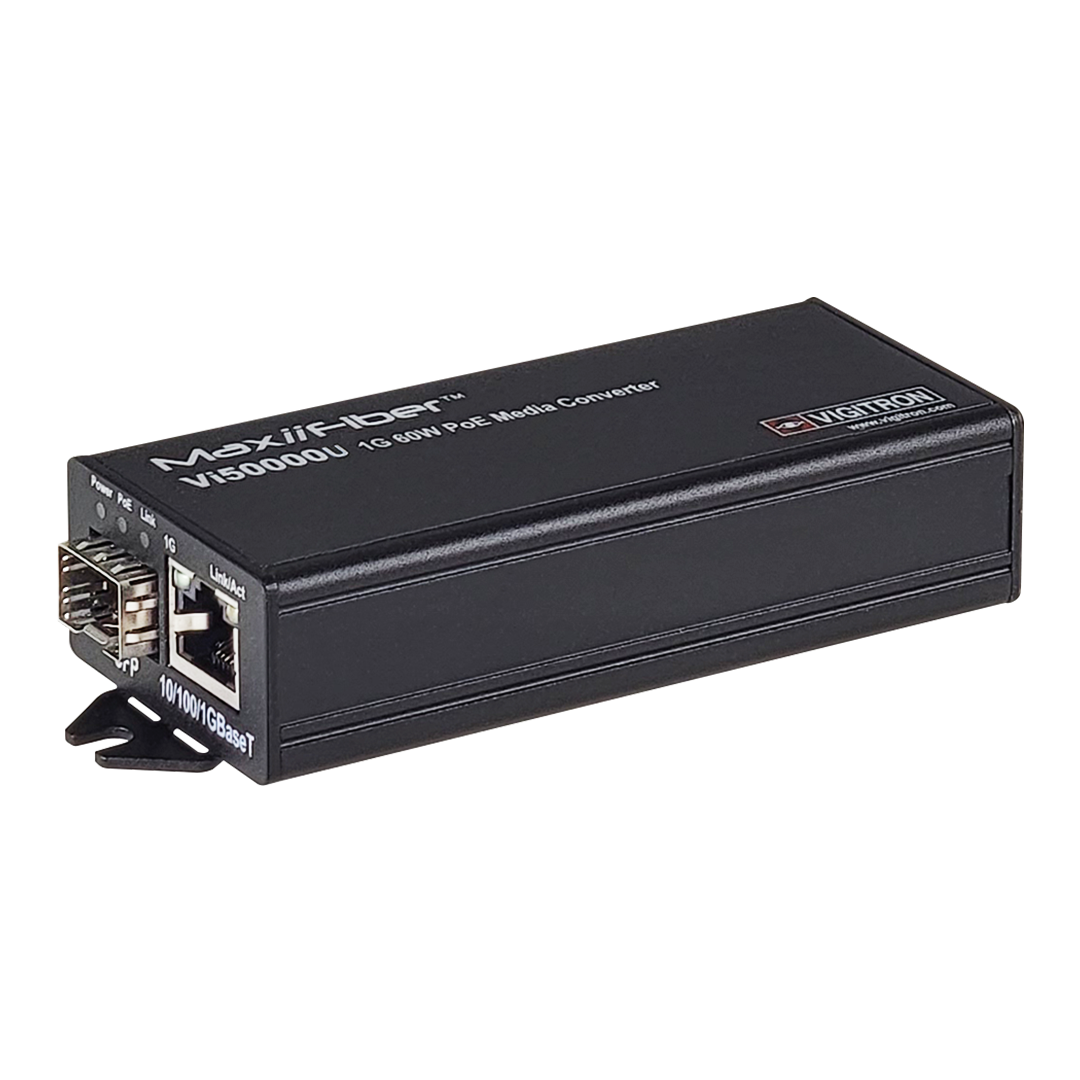Vigitron Vi50000U 1-Port MaxiiFiber™ 100/1G Ethernet Media Converter, af/at/bt 60W PSE, Requires 48-57VDC ps or 12VDC w/o PoE