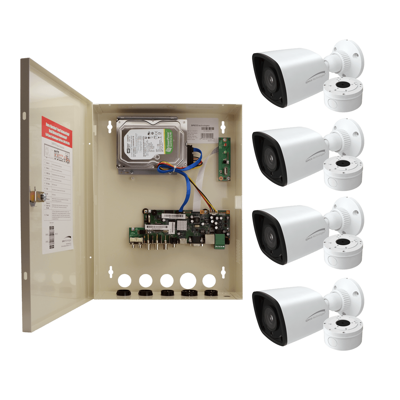 Speco Technologies ZIPTW4B1 4CH HD-TVI WALL MT DVR, 1080p, 60fps, 1TB w/ 4 Outdoor IR Bullet Cameras 2.8mm lens, White