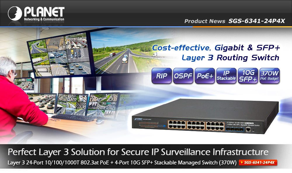 Planet SGS-6341-24P4X Layer 3 24-Port 10/100/1000T 802.3at PoE + 4-Port 10G SFP+ Stackable Managed Switch