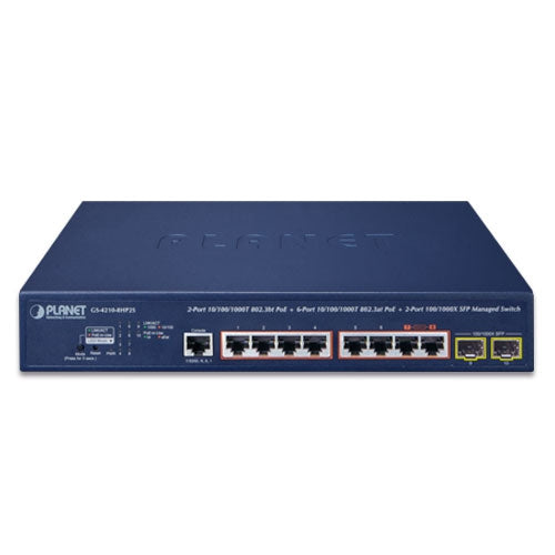 Planet GS-4210-8HP2S IPv6/IPv4, 2-Port 10/100/1000T 802.3bt 95W PoE + 6-Port 10/1