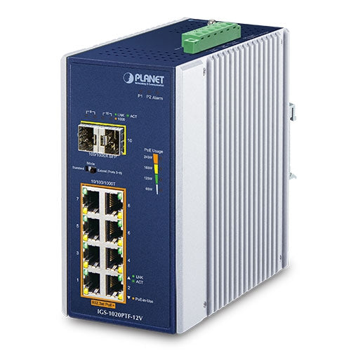 Planet IGS-1020PTF-12V IP30 Industrial 8-Port 10/100/1000T 802.3at PoE + 2-Port 100