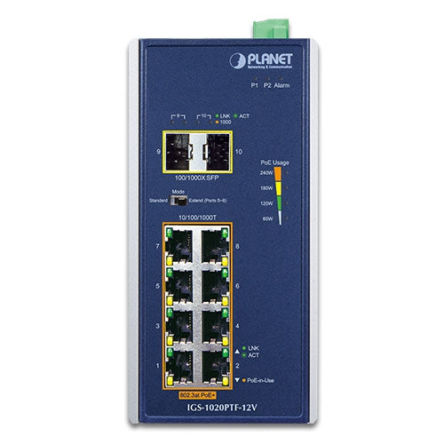Planet IGS-1020PTF-12V IP30 Industrial 8-Port 10/100/1000T 802.3at PoE + 2-Port 100