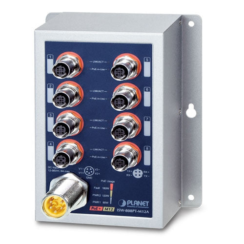 Planet ISW-808PT-M12A IP50-rated Industrial 8-Port 10/100TX M12 802.3at PoE+ Switch