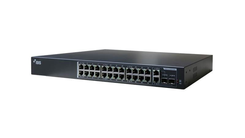 IDIS DH-2026PF 24 Port DirectIP Gigabit PoE Switch, 24-Port, PoE/PoE+ Switch 360W max PoE output, 2 SFP Slots