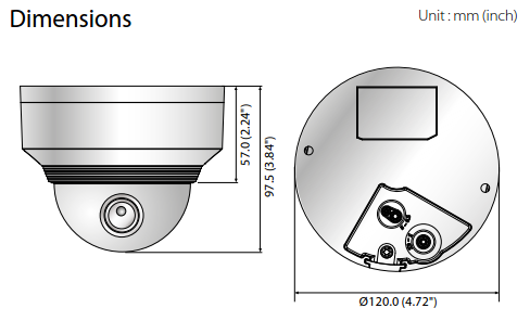 Samsung/Hanwha XNV-6010 2MP Vandal-Resistant Network Dome Camera Dimensions