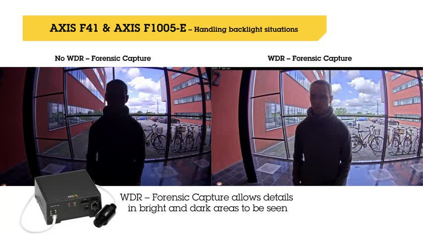 This image (backlight scenario at left, and nighttime scene at right) are taken with AXIS F1005-E Sensor Unit and AXIS F41 Main Unit with Wide Dynamic – Forensic Capture.