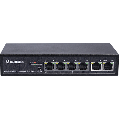 Geovision GV-APOE0400 Long Distance 6-port 10/100 Mbps unmanaged PoE Switch with 4 PSE/POE ports and 2 uplink ports. (140-APOE0400-000)