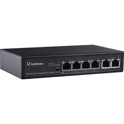 Geovision GV-APOE0400 Long Distance 6-port 10/100 Mbps unmanaged PoE Switch with 4 PSE/POE ports and 2 uplink ports. (140-APOE0400-000)