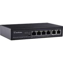 Geovision GV-APOE0400 Long Distance 6-port 10/100 Mbps unmanaged PoE Switch with 4 PSE/POE ports and 2 uplink ports.