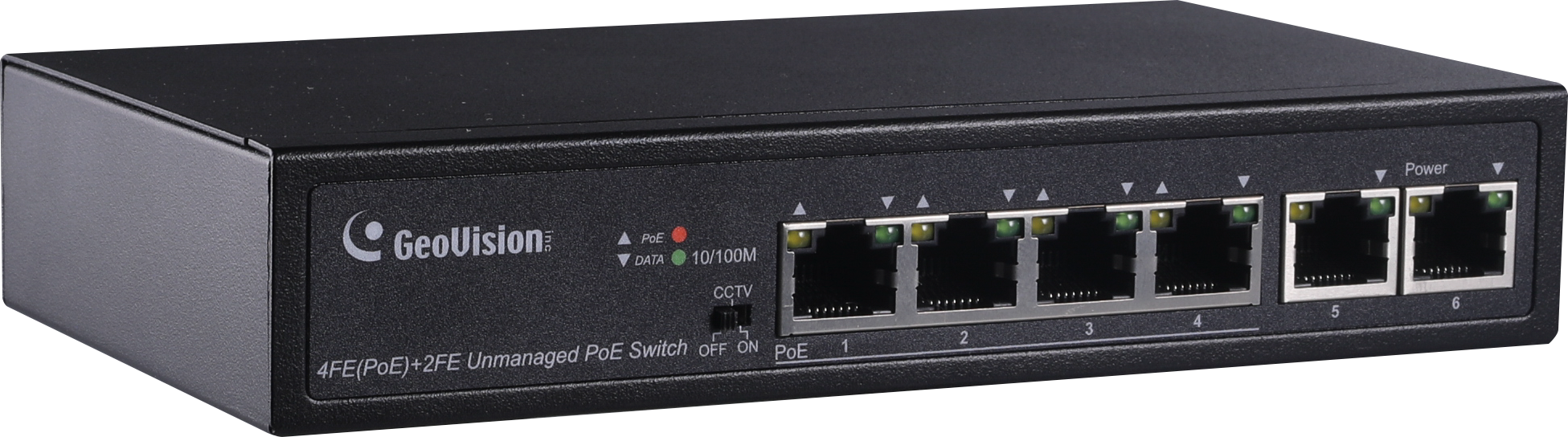 Geovision GV-APOE0400 (140-APOE0400-000) Long Distance,6-port 10/100 Mbps unmanaged PoE Switch with 4 PSE/POE ports and 2 uplink ports.