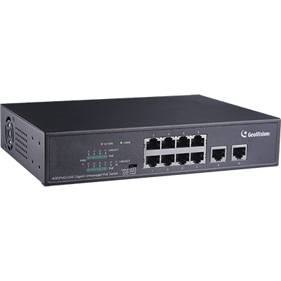 Geovision GV-APOE0810 Long Distance 10-port 10/100/1000Mbps unmanaged PoE Switch with 8 PSE/POE ports and 2 uplink ports. (140-APOE81W-000)