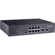 Geovision GV-APOE0810 Long Distance 10-port 10/100/1000Mbps unmanaged PoE Switch with 8 PSE/POE ports and 2 uplink ports.