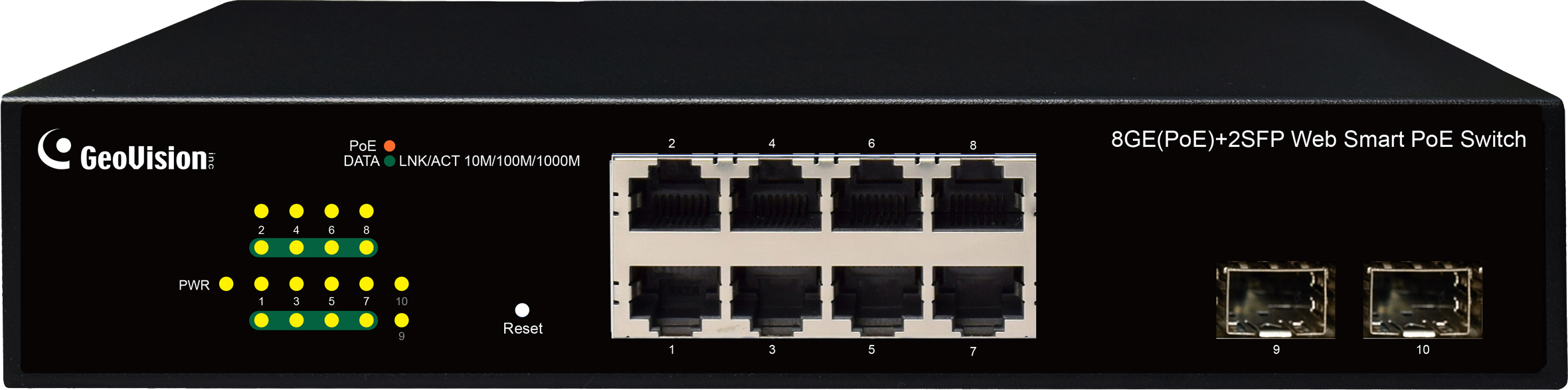 Geovision GV-APOE081C (140-APOE81C-001U) 8-port Gigabit 802.3at+ 2 Gigabit SFP uplink port,Easy Web Smart PoE Switch,US