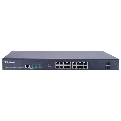 Geovision GV-APOE1611 Long Distance 16-port 10/100/1000 Mbps Web Managed Base T(x)PoE+Web Smart PoE Switch 2 SFP uplink port. (140-APOE1611-G00)