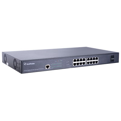Geovision GV-APOE1611 Long Distance 16-port 10/100/1000 Mbps Web Managed Base T(x)PoE+Web Smart PoE Switch 2 SFP uplink port. (140-APOE1611-G00)