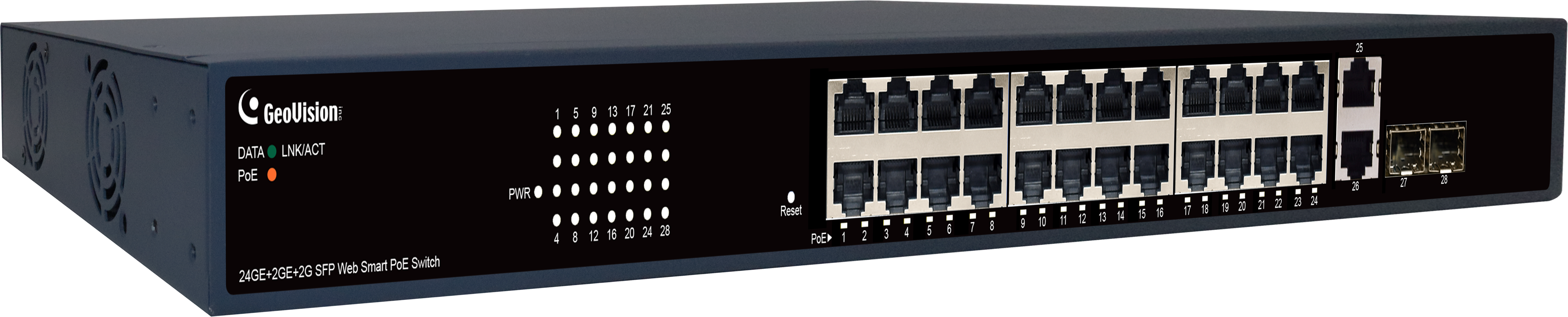 Geovision GV-APOE241C (140-APOE241-C01U) 24-port Gigabit 802.3at+ 2 RJ45 uplink port +2 SFP uplink port Easy Web Smart PoE Switch