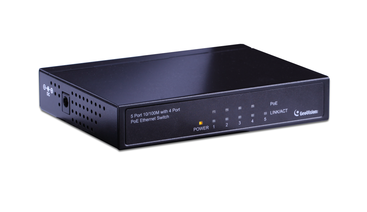 Geovision GV-POE0400-V2 4-port 10/100 Mbps unmanaged PoE Switch with 4 PSE/POE ports and 2 uplink ports. (140-POE0400-000)