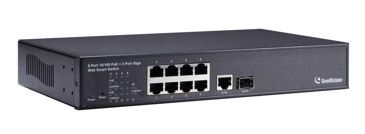 Geovision GV-POE0801 8-port 10/100 Mbps Web Managed Base T(x)PoE+Web Smart PoE Switch 2 uplink ports. (140-POE0801-G02)