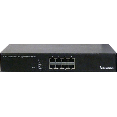 Geovision GV-POE0810 8-port 10/100/1000 Mbps unmanaged Base T(X)PoE Switch with 8 PSE/POE ports.