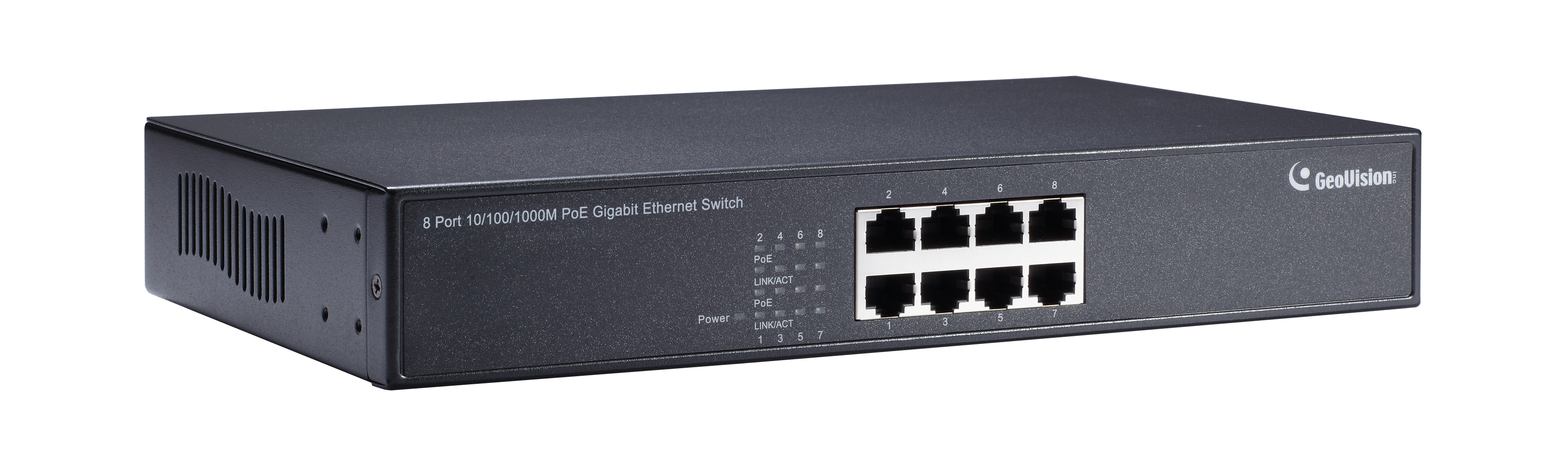 Geovision GV-POE0810 (140-POE0810-G08) 8-port 10/100/1000 Mbps unmanaged Base T(X)PoE Switch with 8 PSE/POE ports.