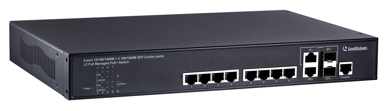 Geovision GV-POE0812 8-port 10/100/1000 Mbps Web Managed Base T(x) PoE +Web Smart PoE Switch 2 SFP uplink port. (140-POE0812-000)