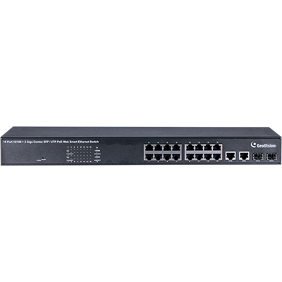 Geovision GV-POE1601-V2 16-port 10/100 Mbps Web Managed Base T(x)PoE+Web Smart PoE Switch 2 SFP uplink port. (140-POE1601-G02)