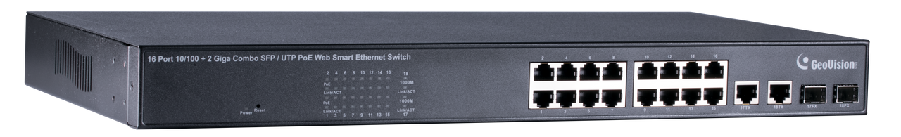 Geovision GV-POE1601-V2 16-port 10/100 Mbps Web Managed Base T(x)PoE+Web Smart PoE Switch 2 SFP uplink port. (140-POE1601-G02)