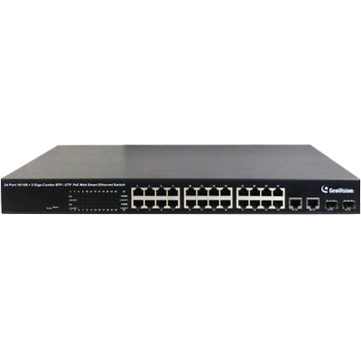 Geovision GV-POE2401-V2 24-port 10/100 Mbps Web Managed Base T(x)PoE+Web Smart PoE Switch 2 SFP uplink port. (140-POE2401-G02)