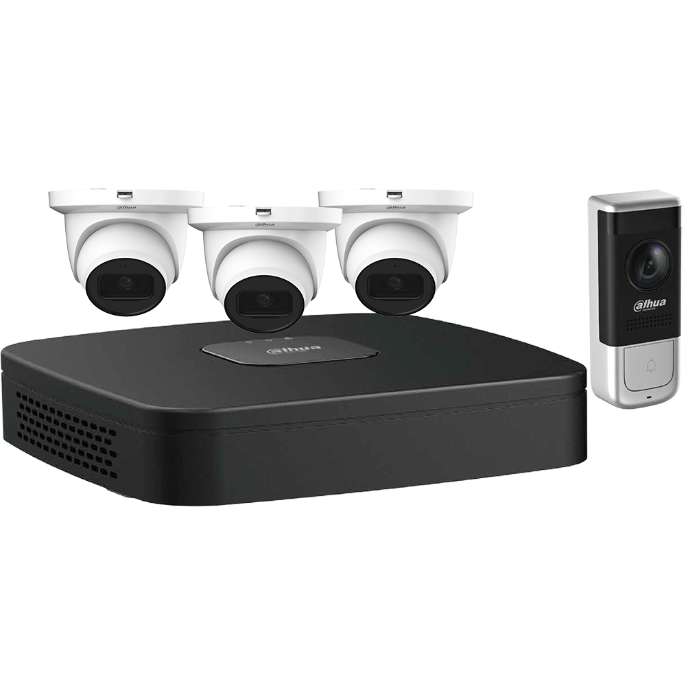 Dahua N444E42A IP Kit: 4-CH NVR + 3 x 4MP, Mini Eyeball + 1 x 2MP Wireless Video doorbell with 16GB SD card